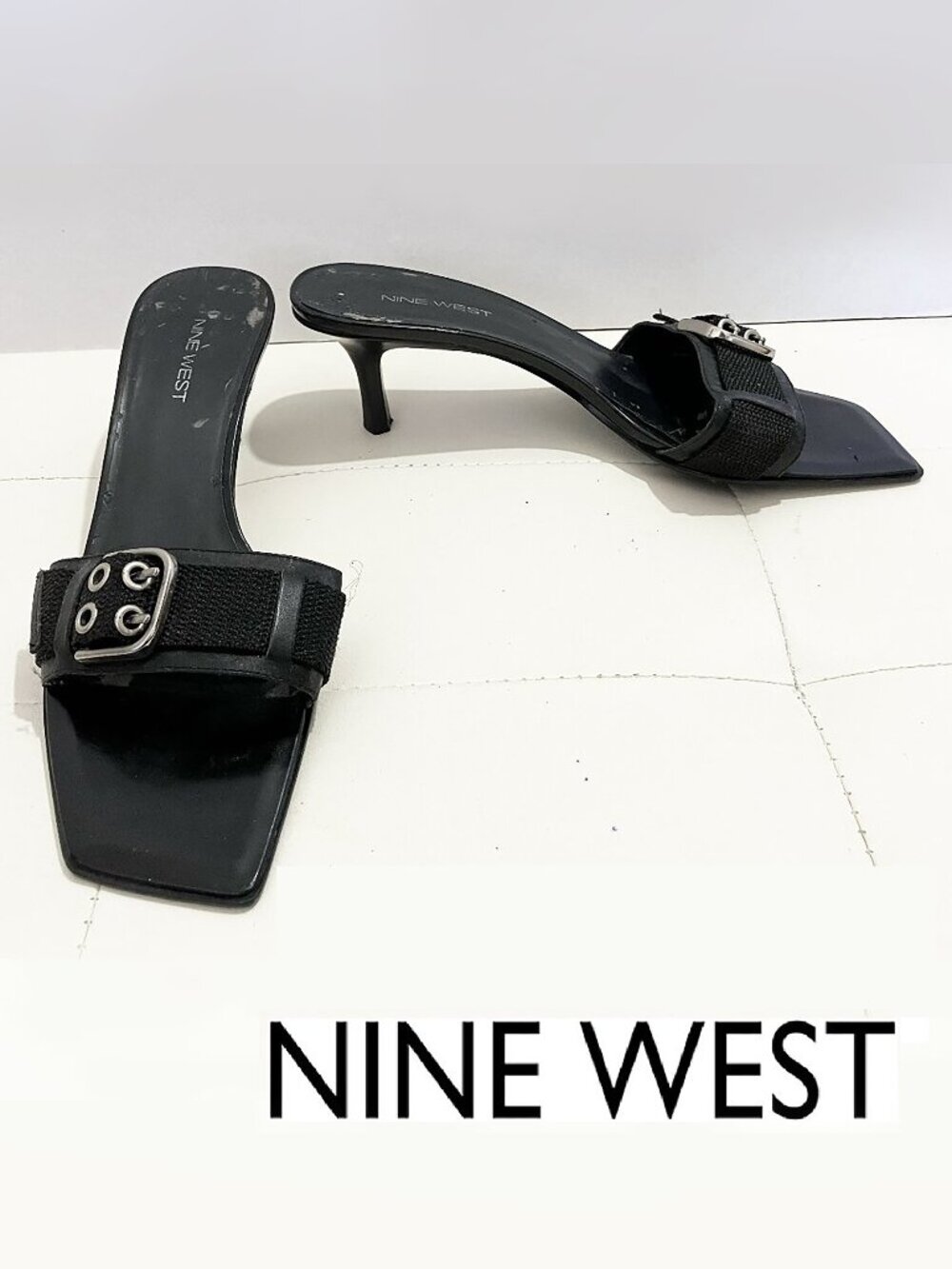 Nine West Black Slide Sandals | Mules w/Buckle Embellish | Square Toe | Size 10M